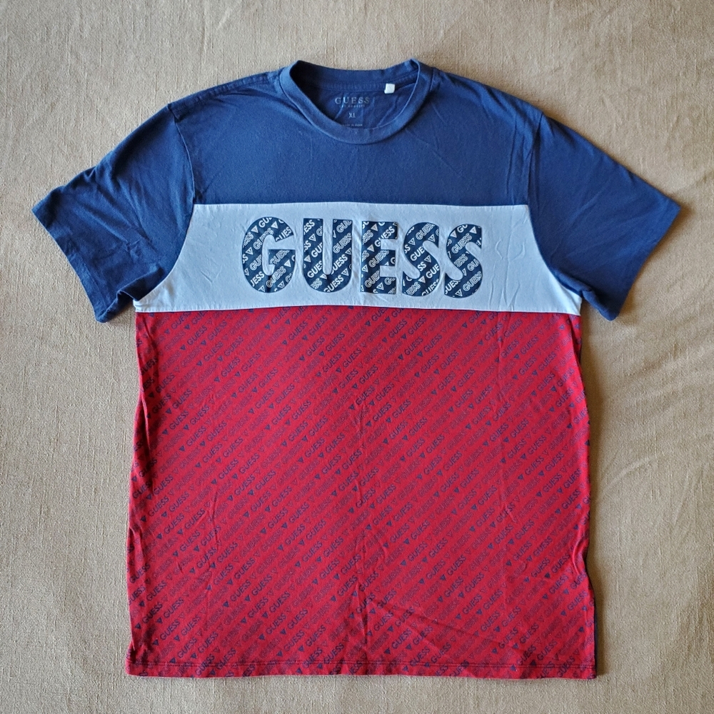 GUESS Mens XL Color Block Graphic Logo T-Shirt - Red White Blue